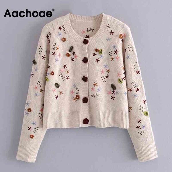 

aachoae elegant floral embroidery knitted cardigan women casual o neck long sleeve sweater autumn winter outerwear chic 210413, White;black