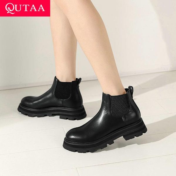 

boots qutaa 2021 cow leather slip on ankle square med heel women shoes round toe autumn winter quality short size 35-40, Black