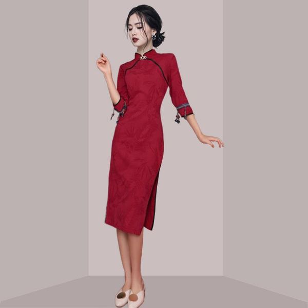 

ethnic clothing autumn celebrities young girls' bone etching cheongsam national retro hong kong flavor improved chinese style dress, Red