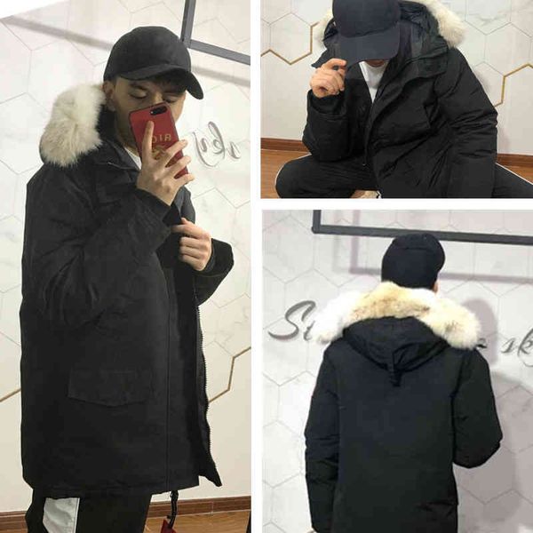 

goose canadian fashion men winter et outdoor thermal parkas windproof waterproof real wolf fur down coat hooded detachable hat, Black