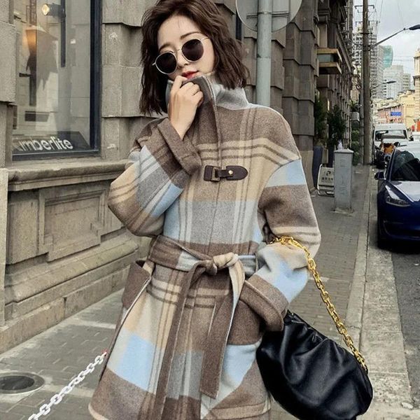 

women's wool & blends 2021 autumn winter double-sided cashmere coat midi retro plaid fashion chic button loose woolen mujeres de lana, Black
