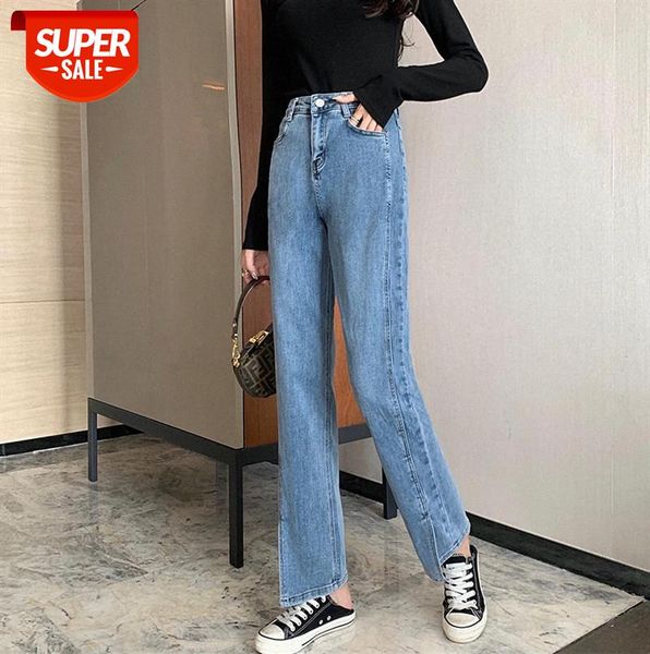 

slit temperament fashion college jeans women's straight and loose, stretchy high waist is thin mopping the floor #xa5r, Black;gray