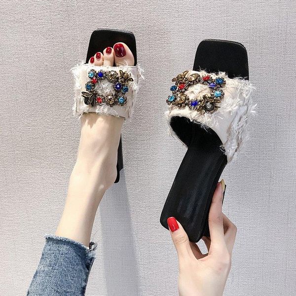

shoes ladies' slippers med slipers women glitter slides square heel 2021 jelly summer block crystal pu rubber hoof heels cotton, Black
