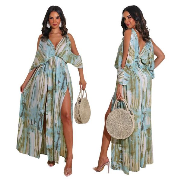 

casual dresses skmy fashion printed clubwear hollow out long sleeve irregular dress womens summer clothing split maxi, Black;gray