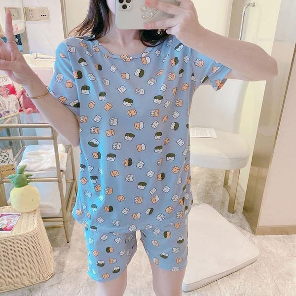 

2 pcs set pajamas cute womens sleepwears avocado print pattern short sleeve letter shorts casual comfortable lady home sleepwear, Black;red