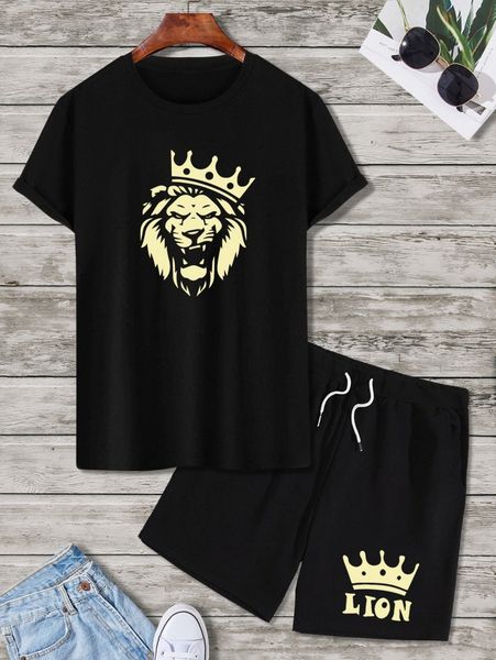

men lion & crown print tee & letter graphic shorts a7cw#, Gray