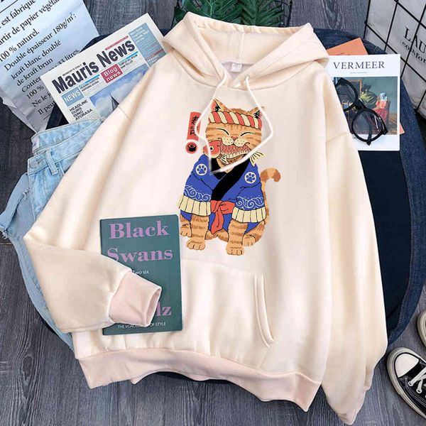 

men's hoodie, japane ukiyo cartoon cat printed sweater, loose and casual, cartoon, hip hop and punk style, Black