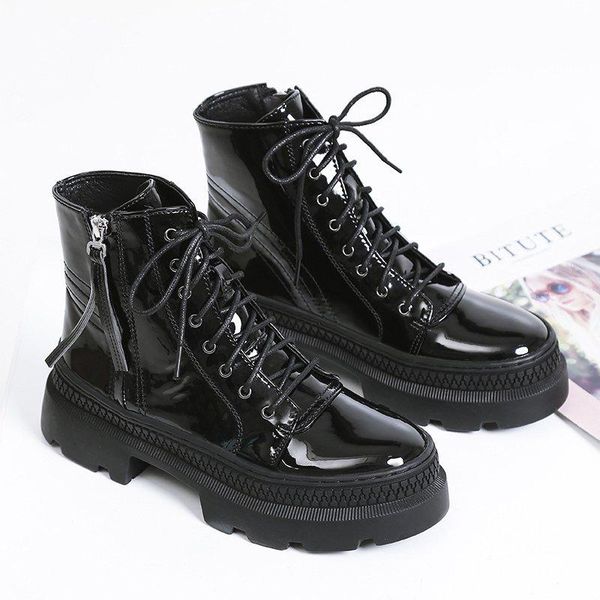 

solid black leather boots lace up ankle for women shoes woman autumn winter thick sole platform motorcycle plus size