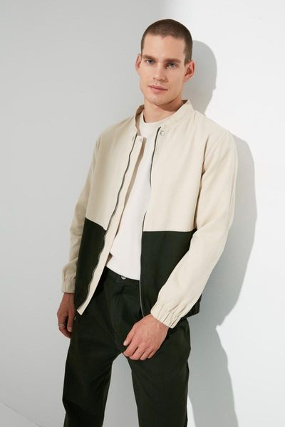 

men's jackets trendyol male bomber crew neck long sleeve color block double-pocket coat tmnaw22ce0418, Black;brown