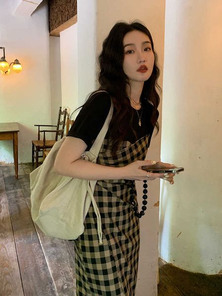 

piece two short skirt high waist plaid half length cotton black temperament commuter strap from other sourc
