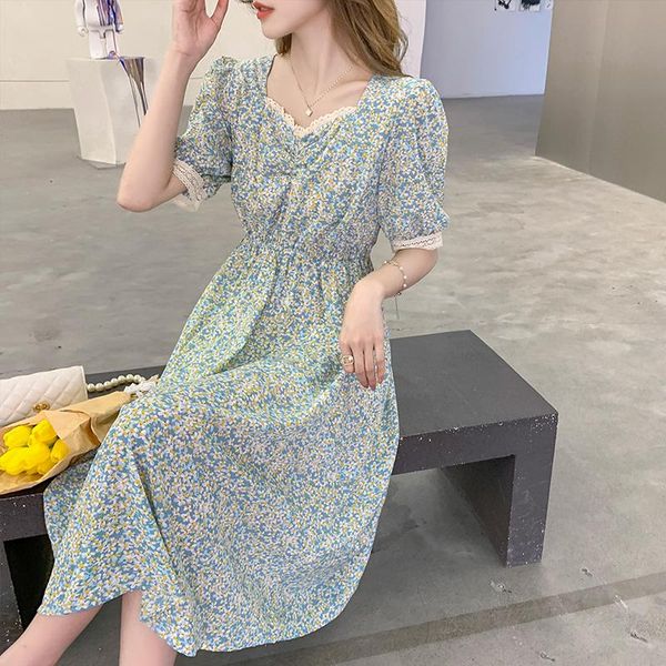 

casual dresses make spot summer short-sleeved dress in chiffon hubble-bubble sleeve long broken flower waist skirt, Black;gray