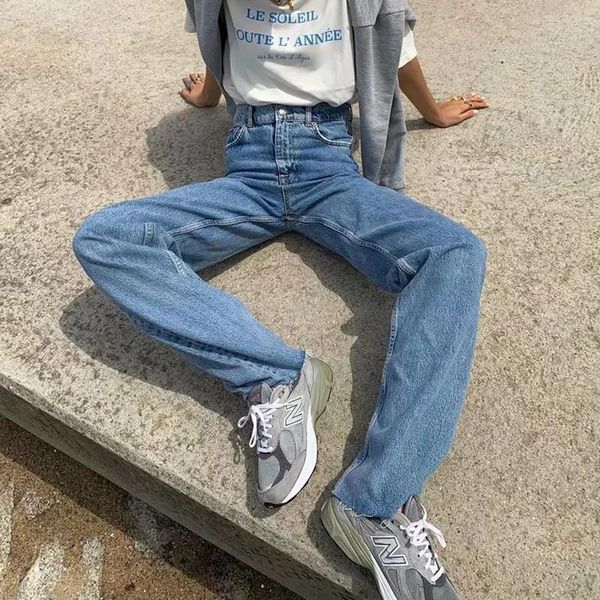

women's jeans high waist edge wide leg pants mopping loose all-match straight, Blue