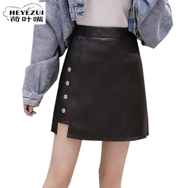 

skirts heyezui 2021 autumn winter pu leather mini skirt with zips, Black