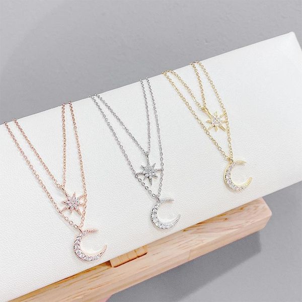

chains 14k gold plated star moon double-layer necklace zircon women clavicle chain elegant charm wedding pendant jewelry, Silver