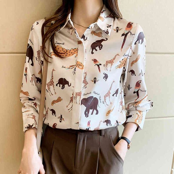 Harajuku animal impressão feminina camisa vintage elegante chiffon blusa primavera outono de manga longa feminino zoo roupas cetim tops 210416