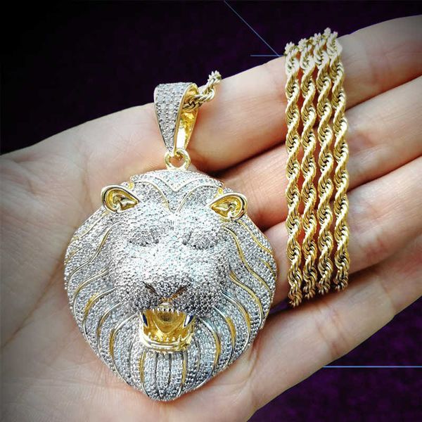 

iced out necklace micro pave cubic zircon lion head pendant necklace for men women gifts luxury hip hop jewelry x0707, Silver