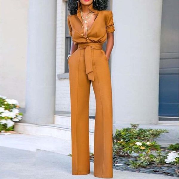 

2021 solid color fashion elegant lapel long sleeve jumpsuit, Black;white