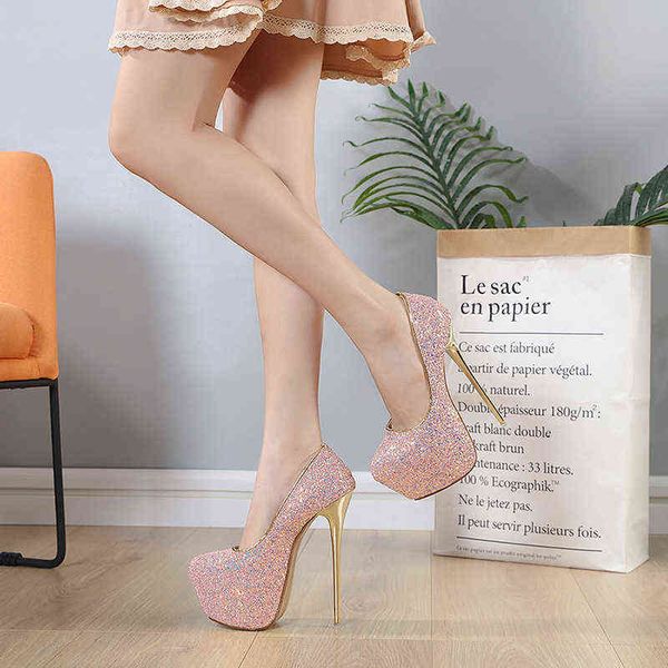 

16cm new fashion sequins platform pumps thin high heels banquet women black shoes 43 44 45