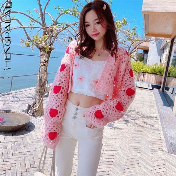 

swet love knitted cardigan women's spring autumn v-neck slim hollow out long sleeve short sweater fenale 210427, White;black