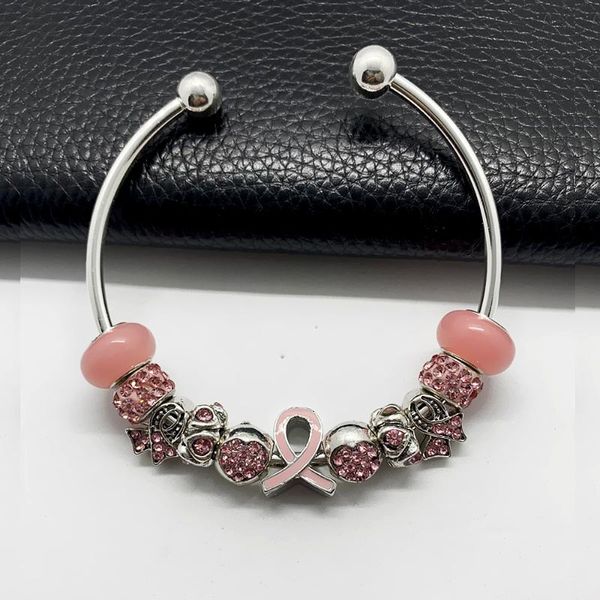 

charm bracelets pink rhinestone inlaid metal big hole beads ribbon charms bracelet breast cancer awareness jewelry opening bangle, Golden;silver
