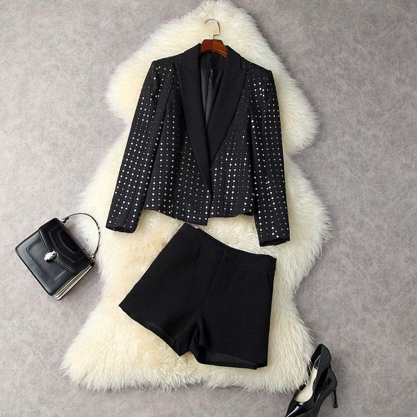 

women's tracksuits clothing set black 2021 autumn and winter sequined cardigan small suit jacket + high waist wide leg shorts business, Gray