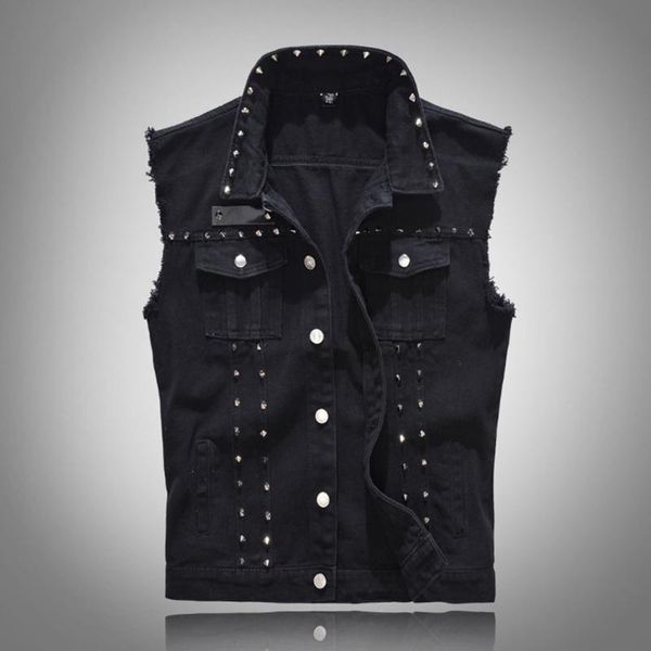 

men's vests spring denim vest men british style rivet cowboy sleeveless jackets fashion slim fit black jean waistcoat 5xl, Black;white