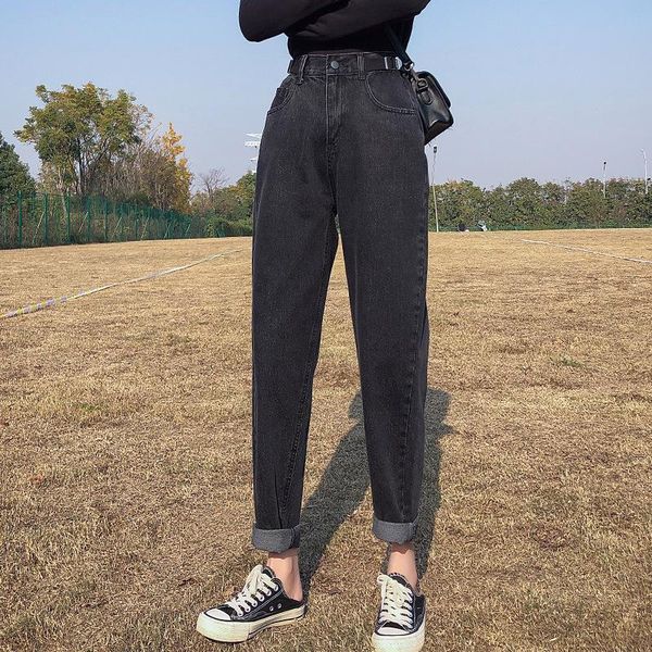 

women elastic high waisted boyfriend jeans harem denim pants slim fit loose straight ankle-length jean trousers korean style women's, Blue