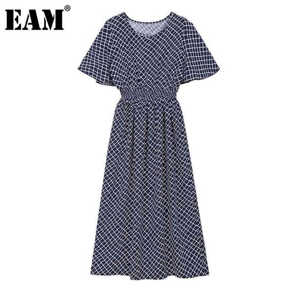 [EAM] Женщины Blue Blue плед напечатанные платья круглые шеи бабочка с коротким рукавом свободная подходящая мода весна лето 1dd8536 21512