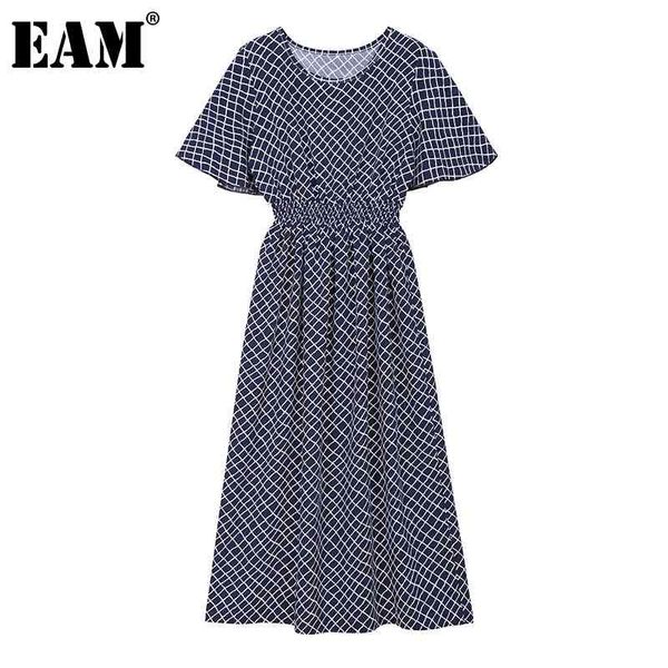 [EAM] Vestito stampato scozzese blu da donna Girocollo Farfalla Manica corta Vestibilità ampia Moda Primavera Estate 1DD8536 21512