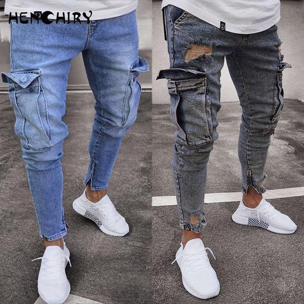 

men's jeans 2021 men elastic multi-pocket skinny pocket zipper high-quality slim fashion overalls casual pants hip-hop, Blue