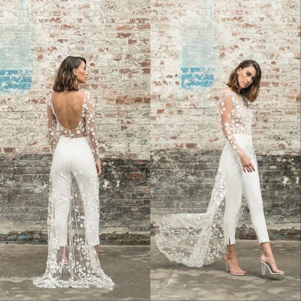 

graceful jumpsuit wedding dresses backless long sleeves bridal gowns lace appliqued vintage marriage robe de mariÃ©e, White