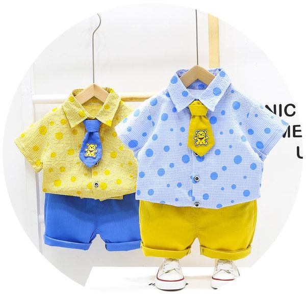 

clothing sets 2021 summer boys' shirt cotton casual pants 2-piece set of small children's korean bear tie, White