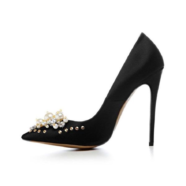 

stiletto heels pointed explosions women's shoes pearl wedding single dress, Black