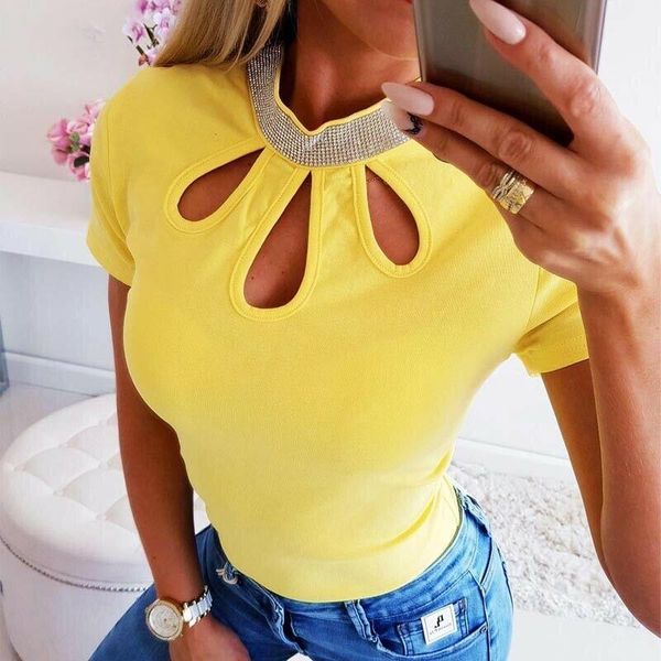 

women's t-shirt women fashion summer t-shirts casual rould neck solid hollow out lady short sleeve tight tees, White