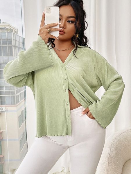 

plus lettuce trim solid blouse f9sx#, Black