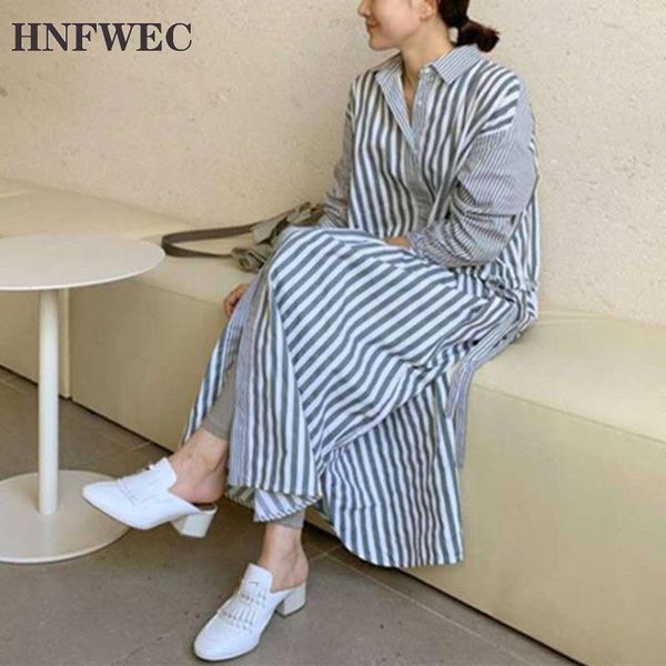 

autumn stripe long-sleeved turn-down collar mid-calf gray korean style loose women's dress fashion tide v647 casual dresses, Black;gray