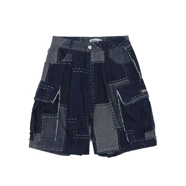 

men's jeans american fashion plaid stitching denim shorts street big pocket loose straight pants, Blue