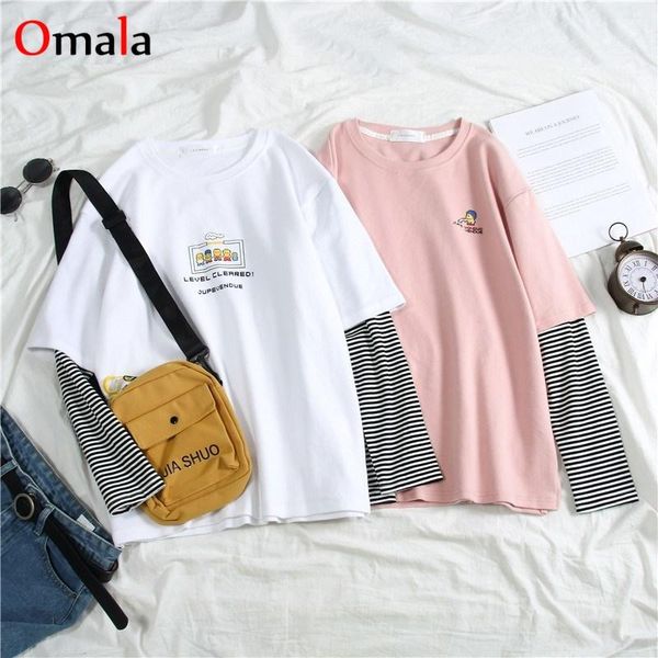 

women's t-shirt spring autumn t-shirts for women long sleeve o-neck cartoon printing t shirt harajuku casual striped patchwork pink top, White