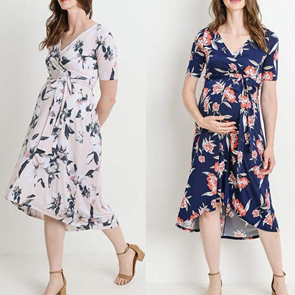 

summer fashion maternity v-neck dresses pregnants womens short sleeve flower printing frenulum sundress pregnancy dress, White