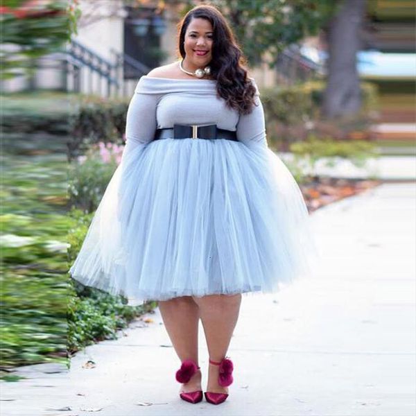 

plus size light blue tulle women skirt 5 layers knee length tutu skirts womens elastic waist solid mesh midi made, Black