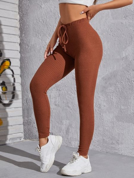 

knot waist rib-knit solid leggings d1xk#, Black