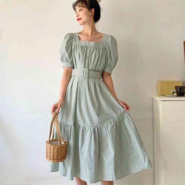 Mode Vintage Kleider Frau Sommer Puff Sleeve Nette Süße Korea Elegante Quadratische Kragen Plaid Casual Party Kleid 210519