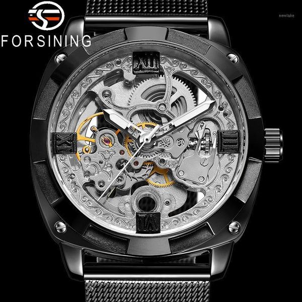 

wristwatches forsining automatic mechanical men wristwatch military male clock skeleton stainless steel man watch gift 8227, Slivery;brown
