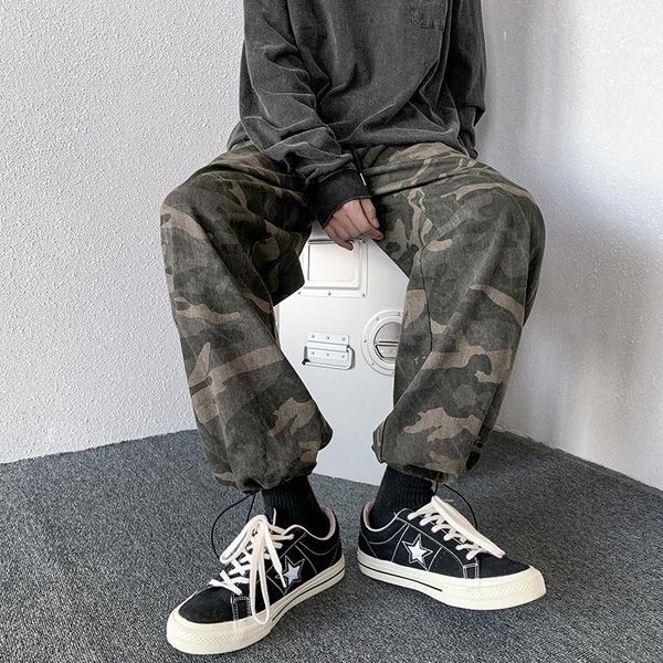 

men's pants loose camouflage green cargo 2021 autumn streetwear hip hop casual straight overalls male trousers, Black