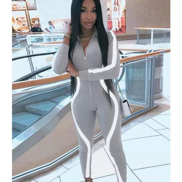 

women's jumpsuits & rompers xxl women zipper jumpsuit romper bodycon playsuit clubwear reflective striped ladies leotard black gray ora, Black;white