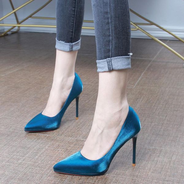 

lady quality banquet shoe woman 2021 silks satins cloth season sharp fine with high-heeled shoes nightclub single dress, Black