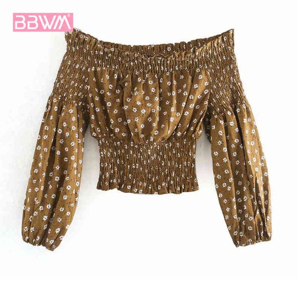 

single-neck long sleeve flower print women's shirt summer waist was thin retro harajuku chic female 210507, White