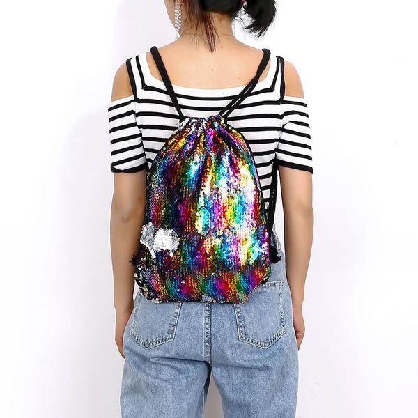 

outdoor bags sequin drawstring reversible backpack glittering shoulder for girls women js25