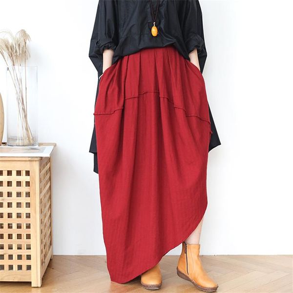 

johnature women cotton linen irregular skirts patchwork elastic waist 2021 spring solid color vintage casual, Black