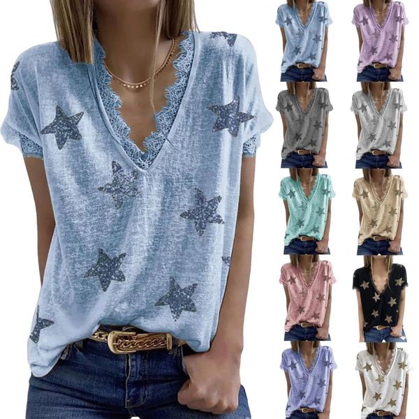 

women's t-shirt female , star print v-neck short sleeve lace trim pullover for summer, s//l/xl/2xl/3xl/4xl/5xl, White